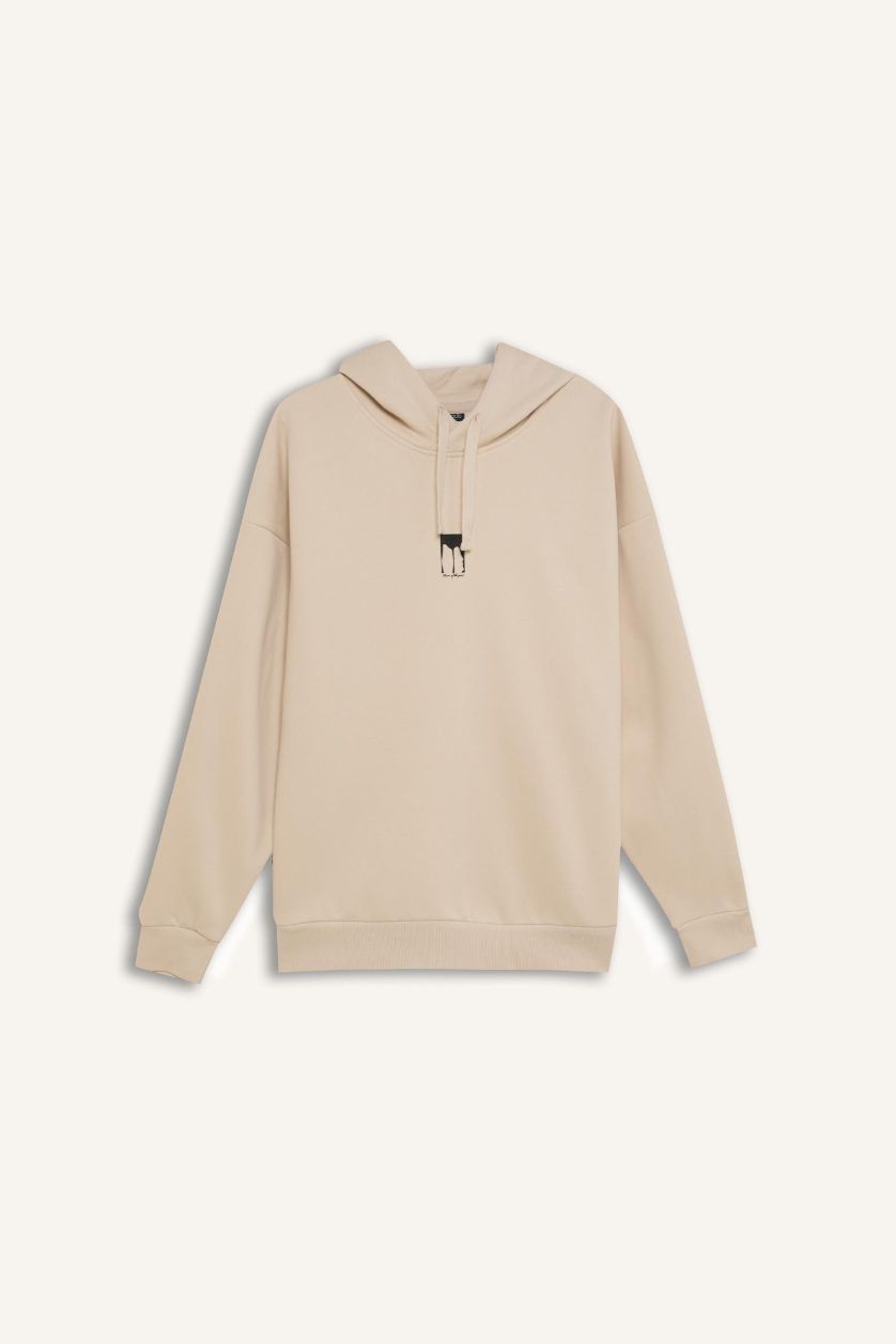 Erkek Taş Oversize Geniş Kalıp Kapüşonlu Sırt Baskılı Sweatshirt