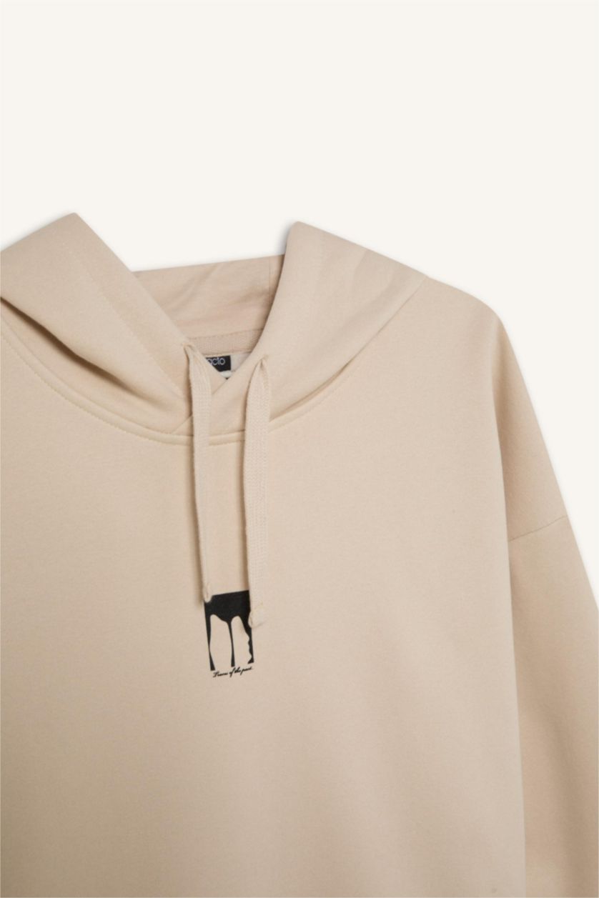 Erkek Taş Oversize Geniş Kalıp Kapüşonlu Sırt Baskılı Sweatshirt