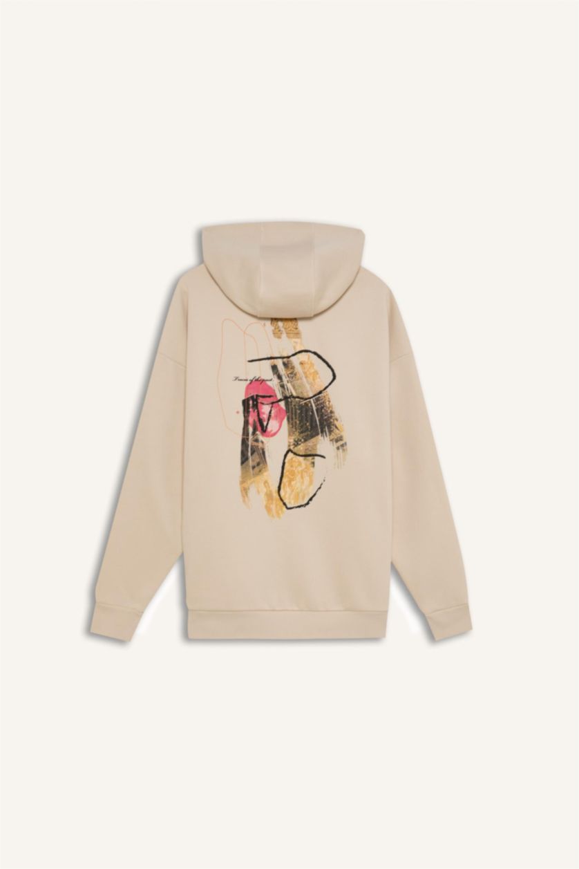 Erkek Taş Oversize Geniş Kalıp Kapüşonlu Sırt Baskılı Sweatshirt