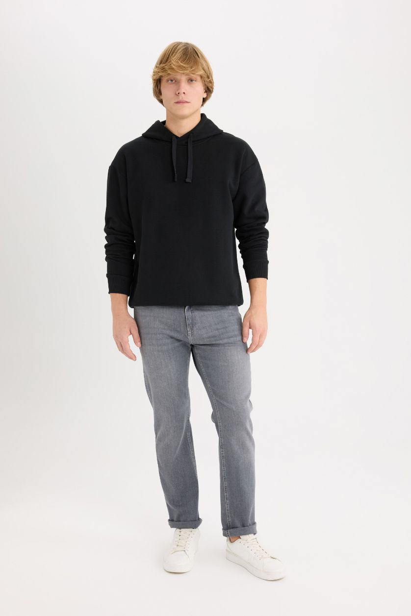 رجال أسود سويت شيرت سادة أوفر سايز بغطاء للرأس