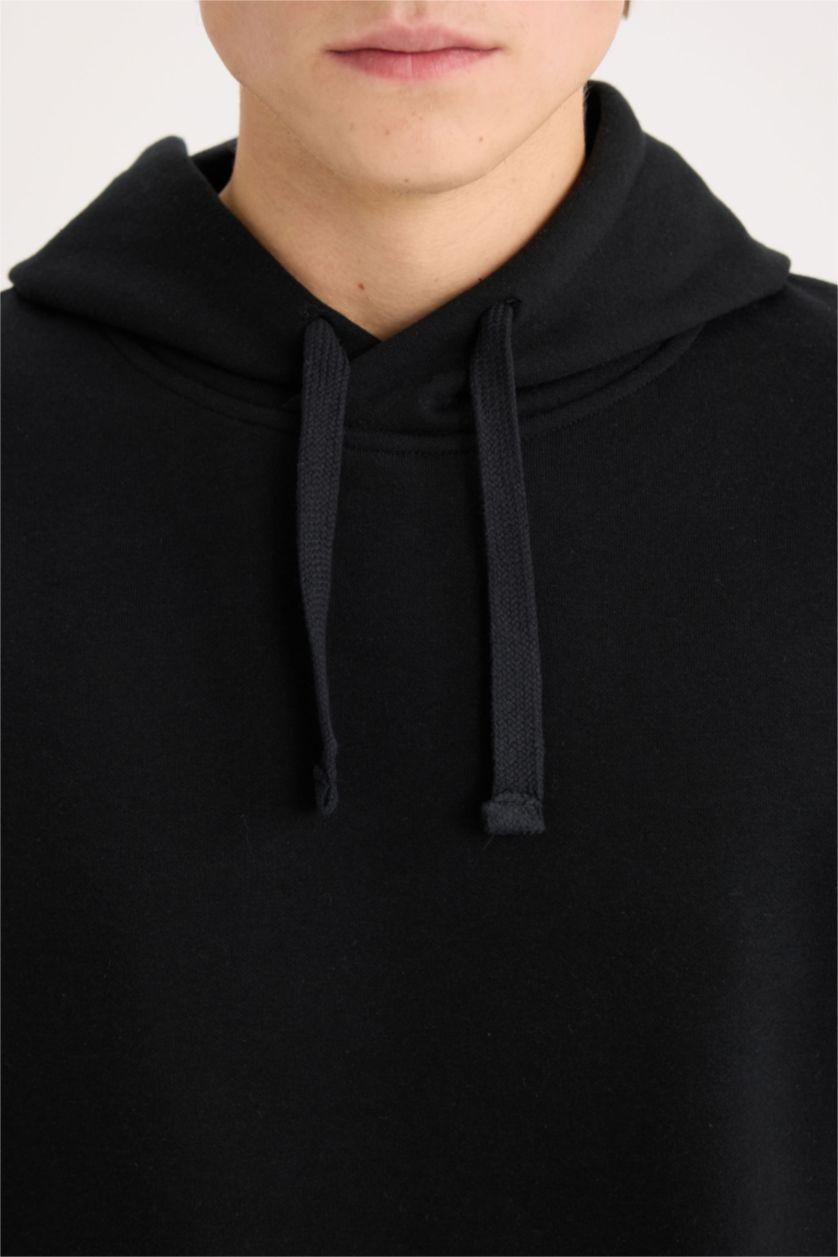 رجال أسود سويت شيرت سادة أوفر سايز بغطاء للرأس