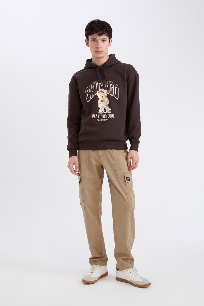 Erkek Kahve Boxy Fıt Kapüşonlu Baskılı Sweatshirt
