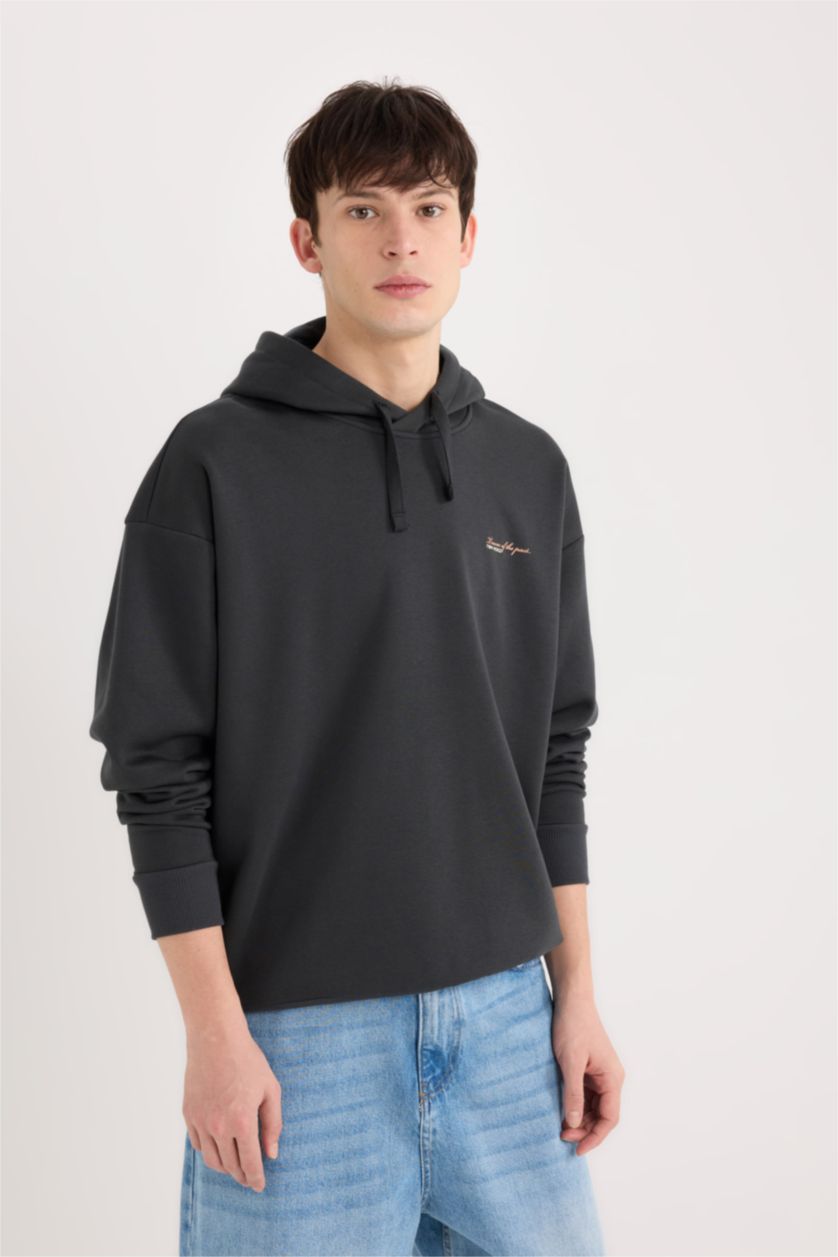 Erkek Antrasit Boxy Fit Kapüşonlu Sırt Baskılı Sweatshirt