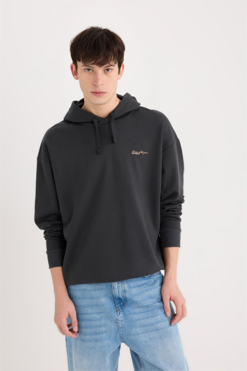 Erkek Antrasit Boxy Fit Kapüşonlu Sırt Baskılı Sweatshirt