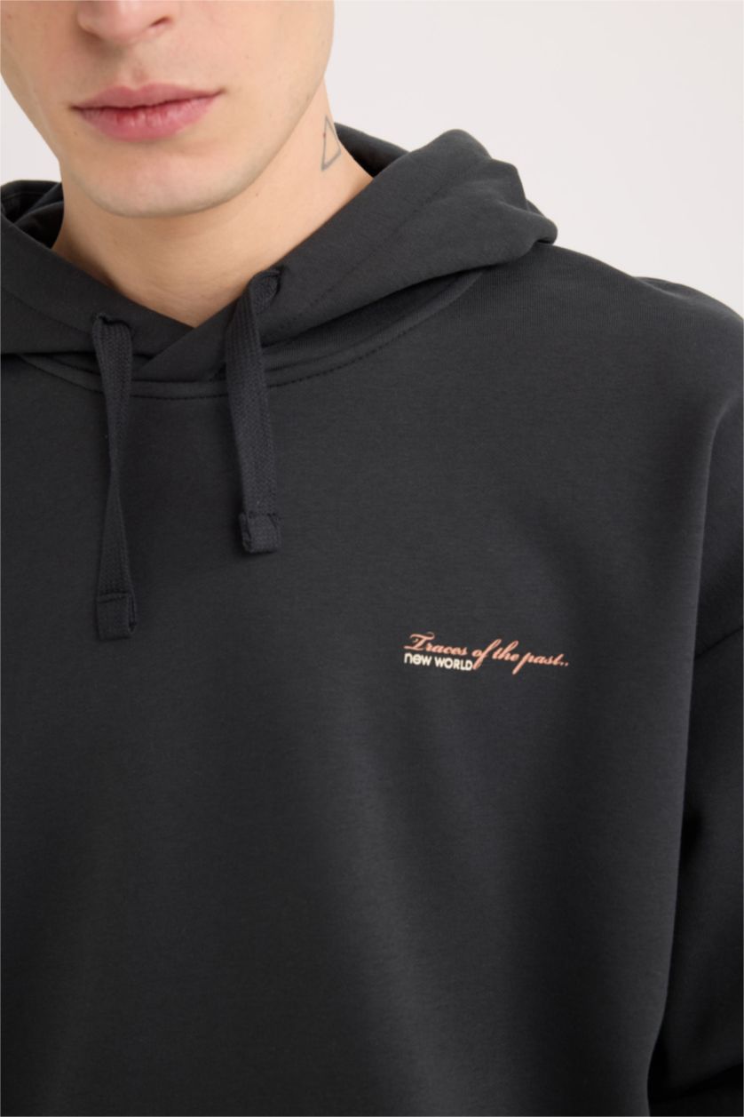 Erkek Antrasit Boxy Fit Kapüşonlu Sırt Baskılı Sweatshirt