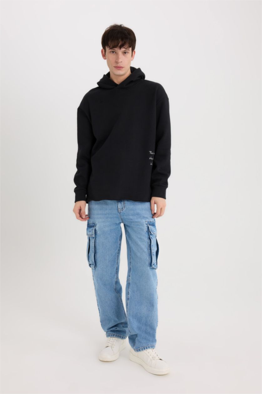 Erkek Siyah Boxy Fit Kapüşonlu Sırt Baskılı Sweatshirt