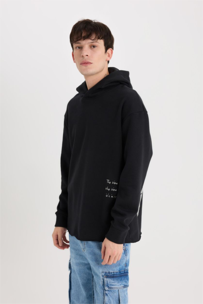 Erkek Siyah Boxy Fit Kapüşonlu Sırt Baskılı Sweatshirt