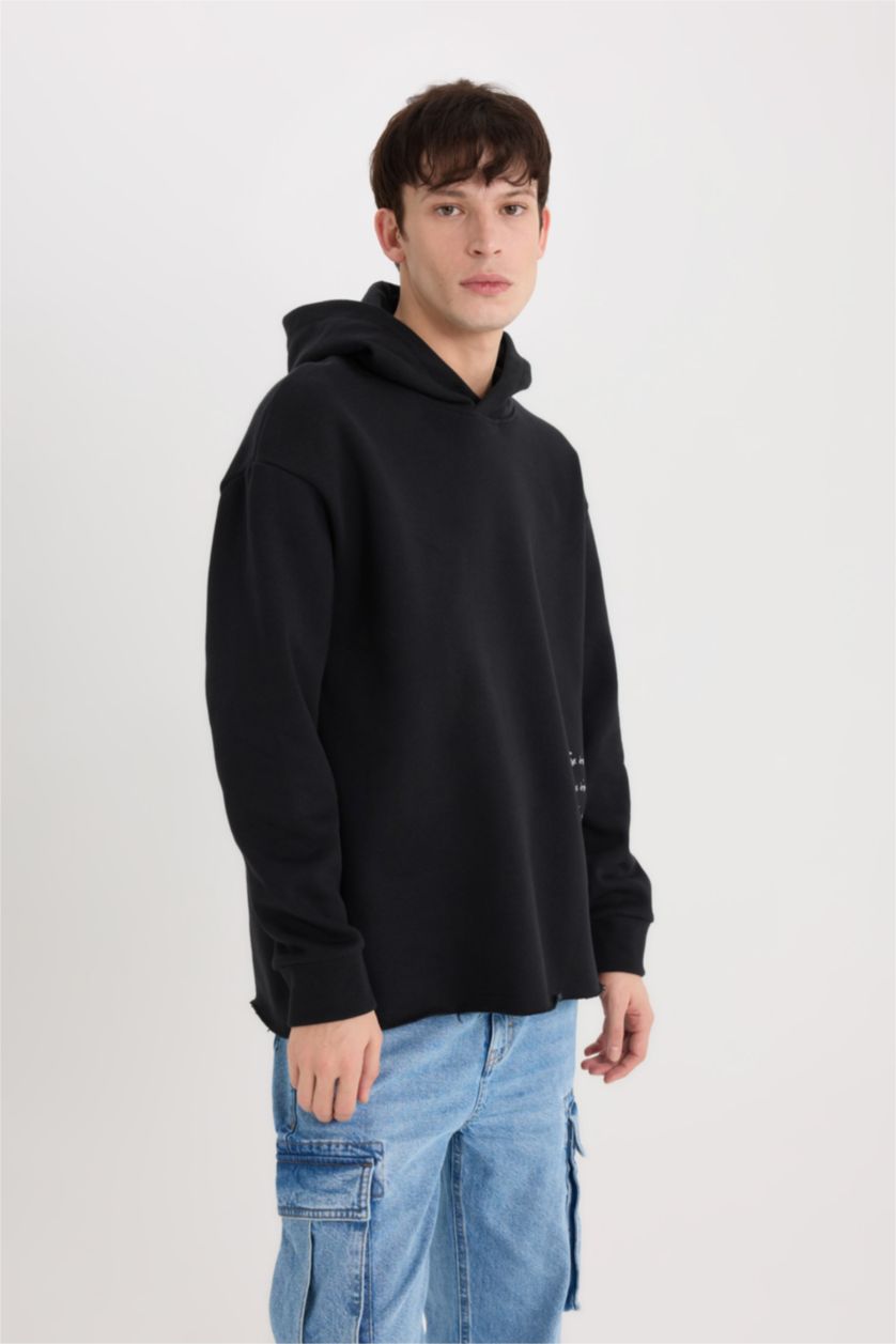 Erkek Siyah Boxy Fit Kapüşonlu Sırt Baskılı Sweatshirt