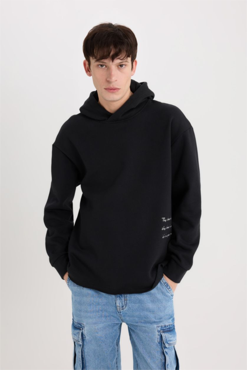 Erkek Siyah Boxy Fit Kapüşonlu Sırt Baskılı Sweatshirt