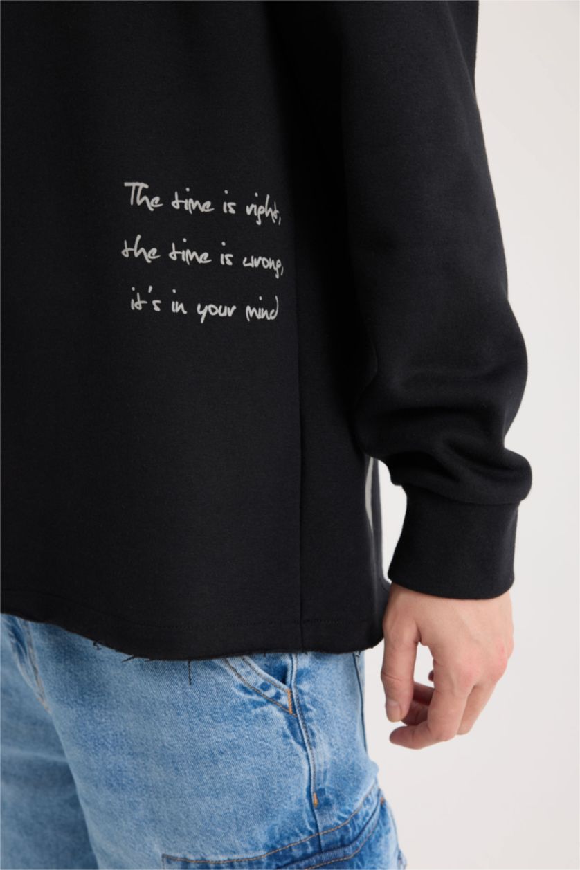 Erkek Siyah Boxy Fit Kapüşonlu Sırt Baskılı Sweatshirt