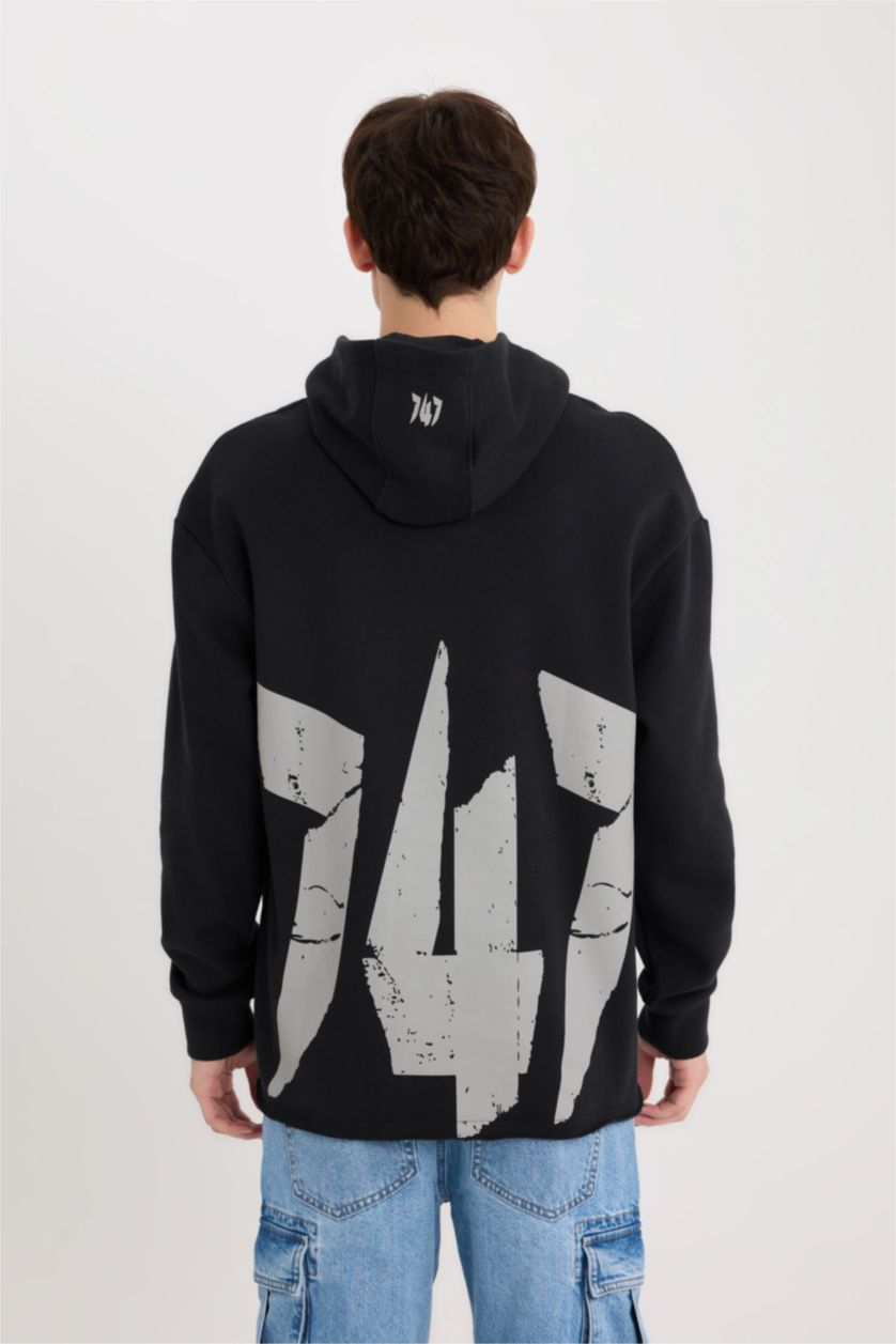 Erkek Siyah Boxy Fit Kapüşonlu Sırt Baskılı Sweatshirt