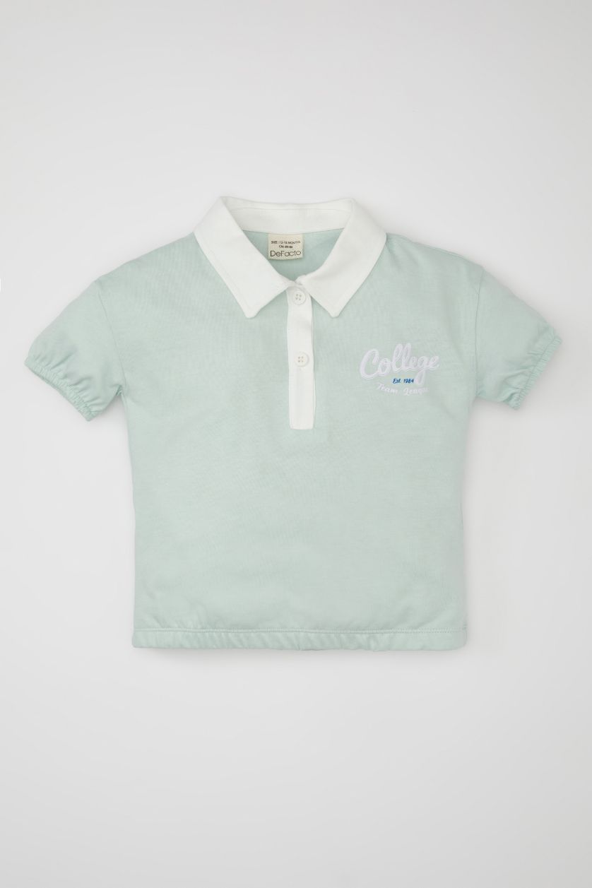 Kız Bebek Açık Mavi Gömlek Yaka Baskılı Kısa Kollu Tişört Kız Bebek