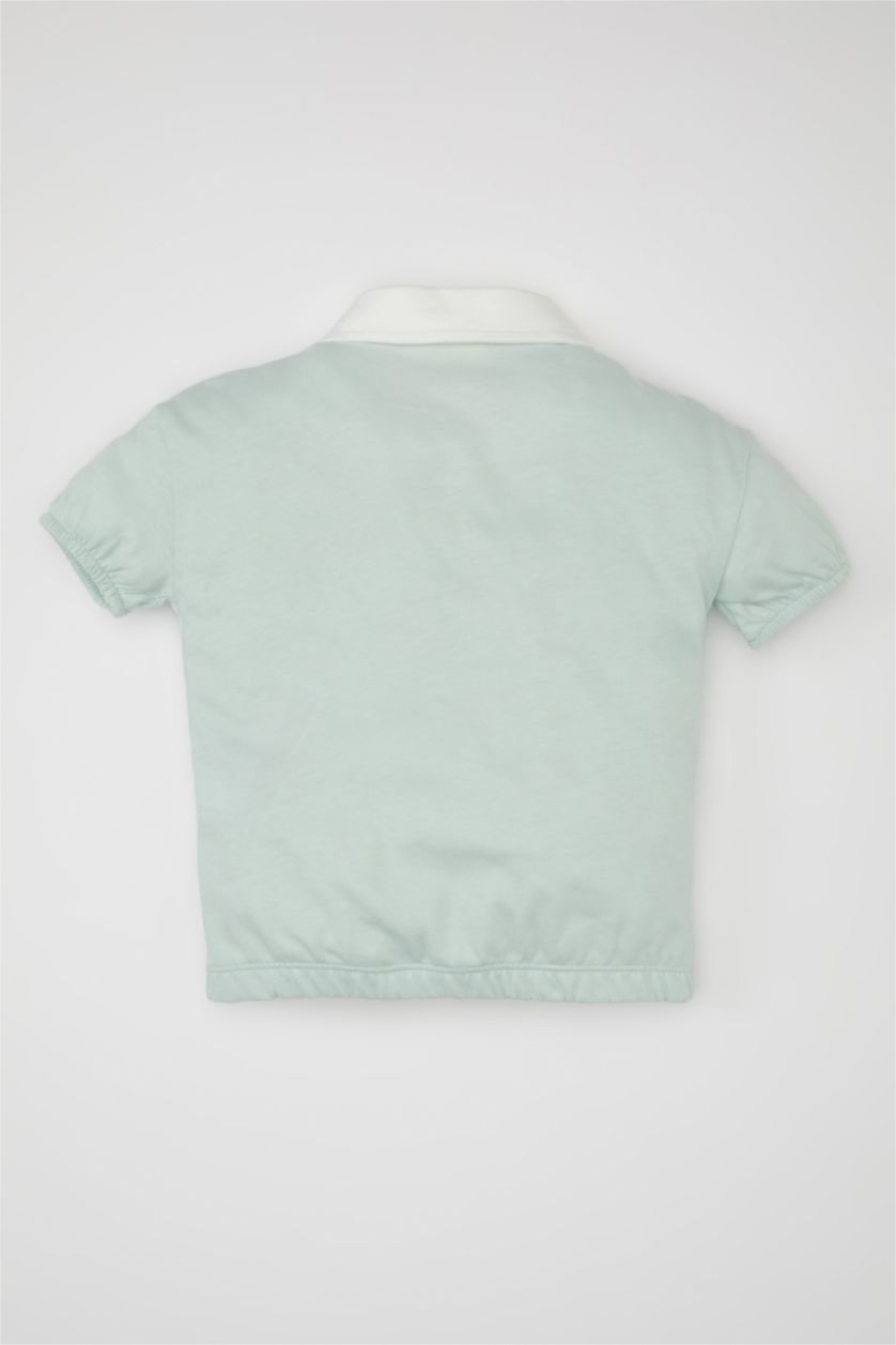 Kız Bebek Açık Mavi Gömlek Yaka Baskılı Kısa Kollu Tişört Kız Bebek