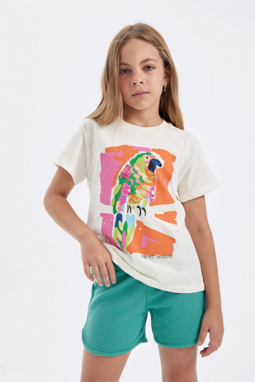 بناتي بيج فاتح تي شيرت بناتي نص كم مطبوع وياقة مستديرة