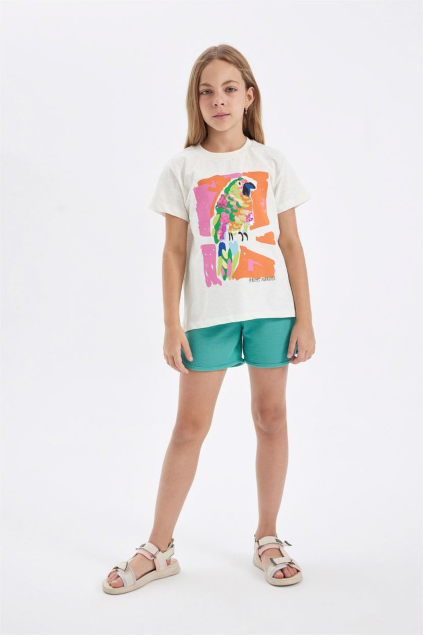 بناتي بيج فاتح تي شيرت بناتي نص كم مطبوع وياقة مستديرة