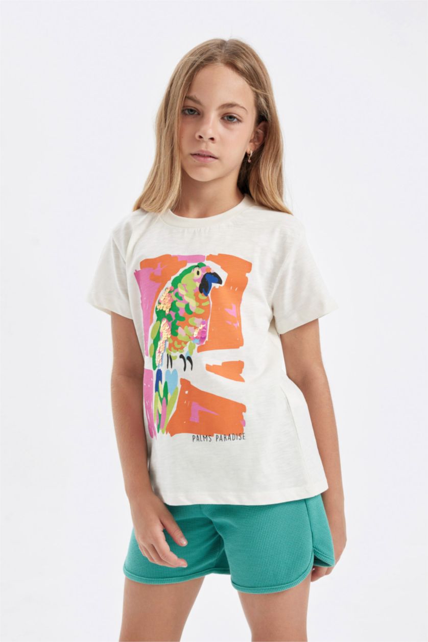 بناتي بيج فاتح تي شيرت بناتي نص كم مطبوع وياقة مستديرة