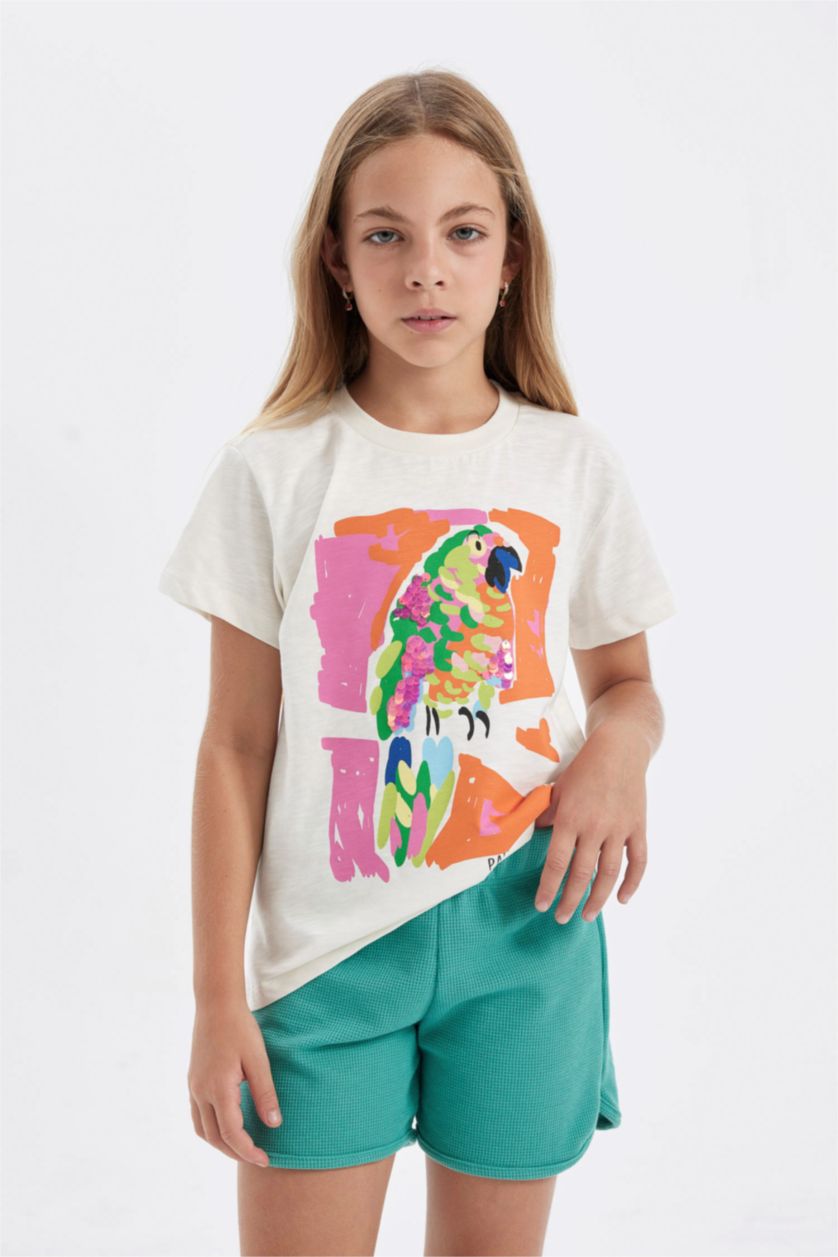 بناتي بيج فاتح تي شيرت بناتي نص كم مطبوع وياقة مستديرة