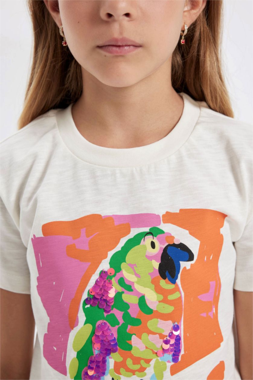 بناتي بيج فاتح تي شيرت بناتي نص كم مطبوع وياقة مستديرة