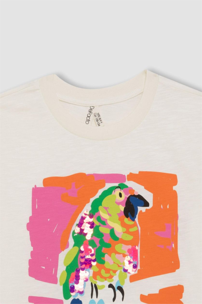 بناتي بيج فاتح تي شيرت بناتي نص كم مطبوع وياقة مستديرة