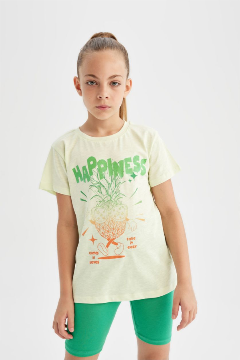 Kız Çocuk - Genç Kız Mint Bisiklet Yaka Baskılı Kısa Kollu Tişört Kız Çocuk