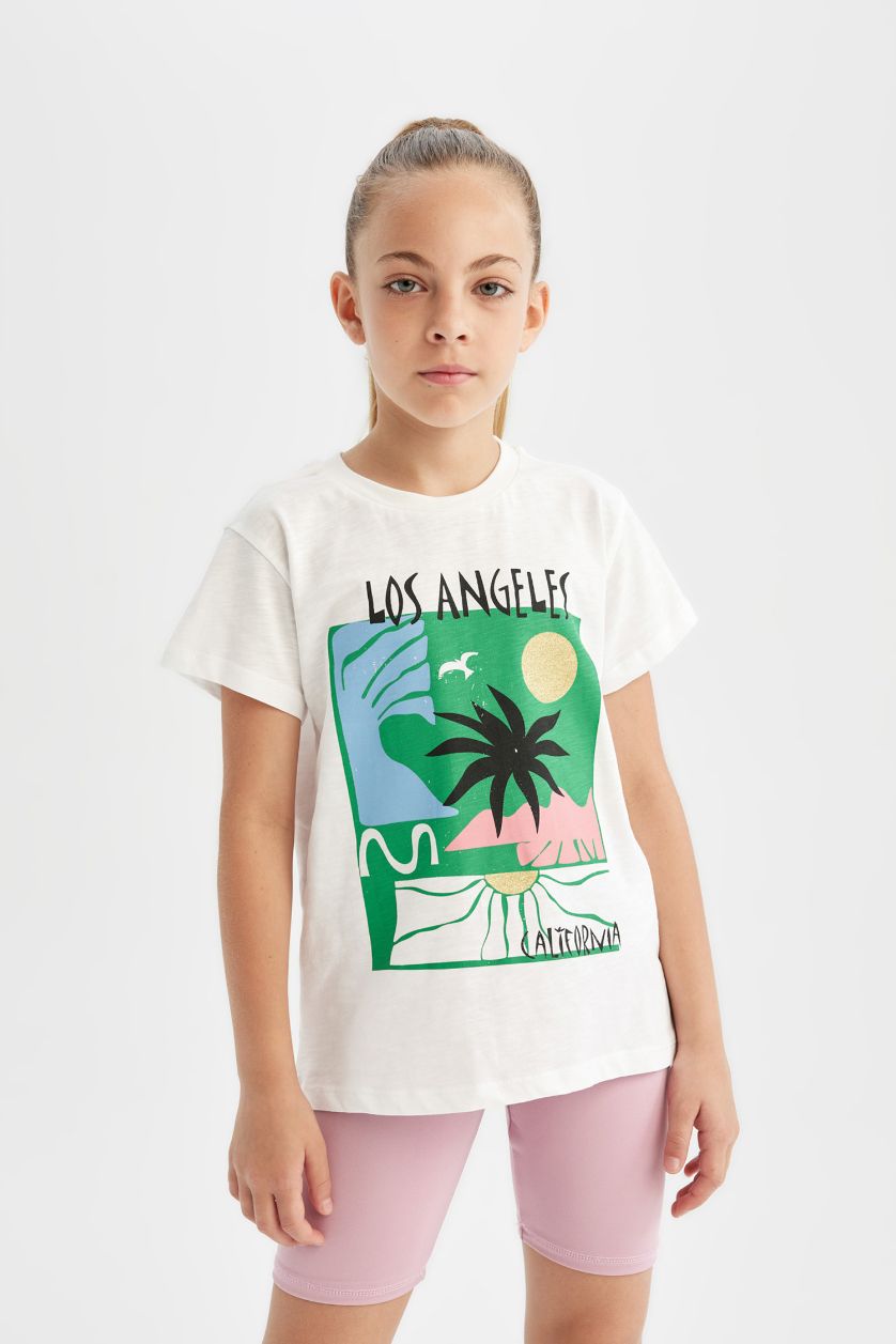 Kız Çocuk - Genç Kız Beyaz Bisiklet Yaka Baskılı Kısa Kollu Tişört Kız Çocuk