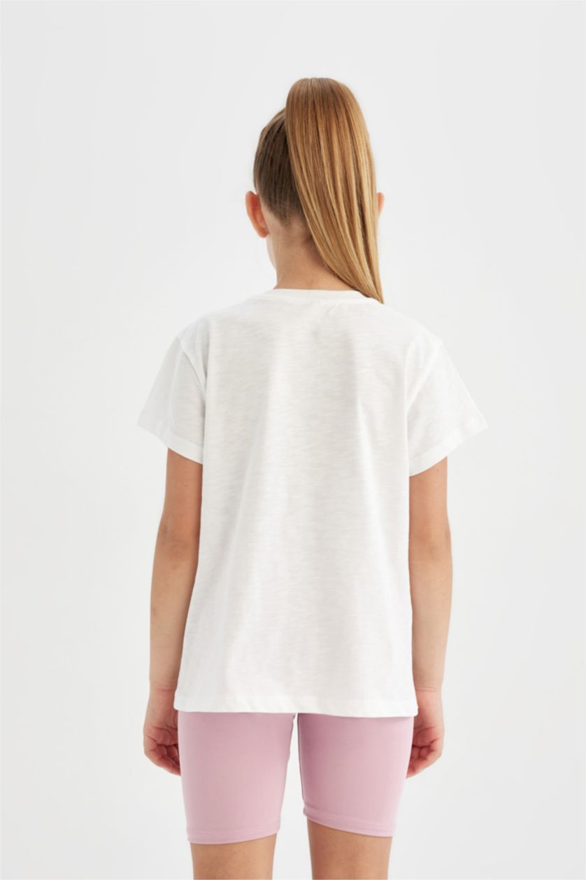 Kız Çocuk - Genç Kız Beyaz Bisiklet Yaka Baskılı Kısa Kollu Tişört Kız Çocuk