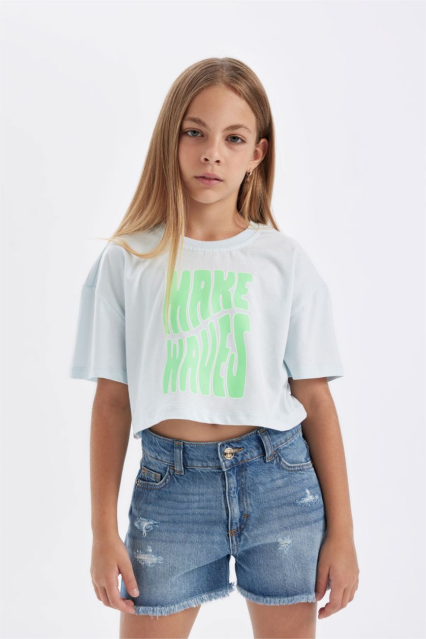 Kız Çocuk - Genç Kız Açık Mavi Crop Bisiklet Yaka Baskılı Kısa Kollu Tişört Kız Çocuk