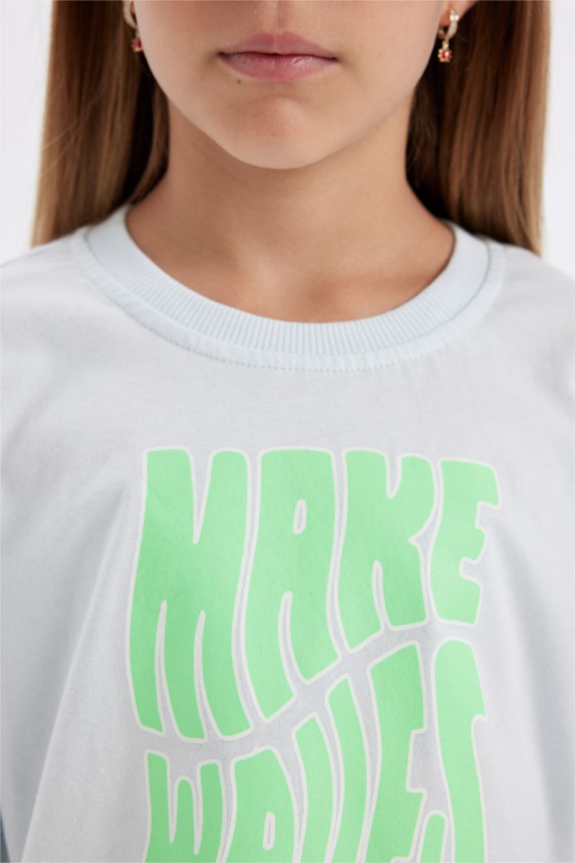 Kız Çocuk - Genç Kız Açık Mavi Crop Bisiklet Yaka Baskılı Kısa Kollu Tişört Kız Çocuk