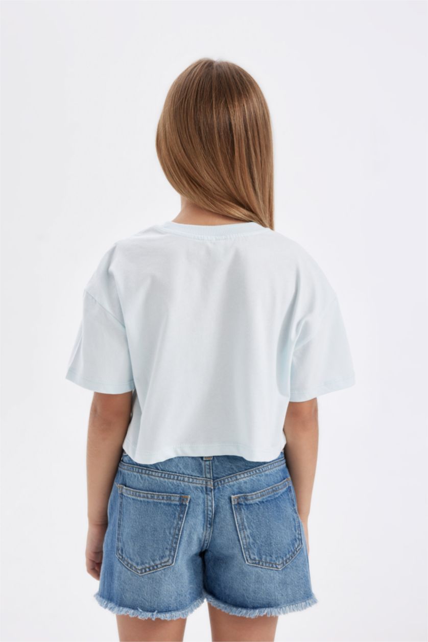 Kız Çocuk - Genç Kız Açık Mavi Crop Bisiklet Yaka Baskılı Kısa Kollu Tişört Kız Çocuk