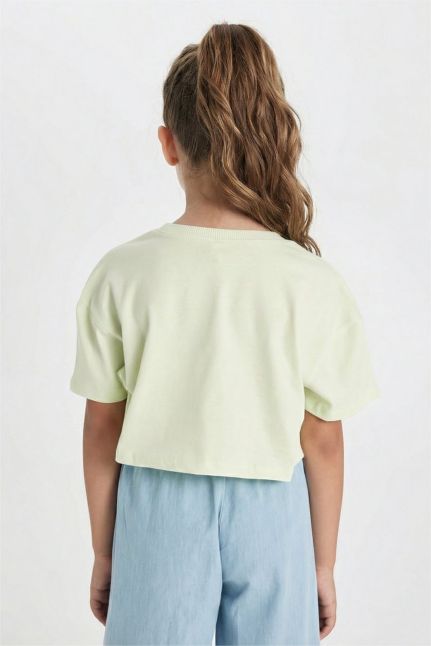 Kız Çocuk - Genç Kız Mint Crop Bisiklet Yaka Baskılı Kısa Kollu Tişört Kız Çocuk