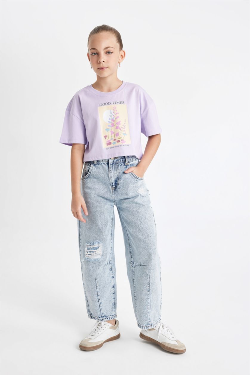 Kız Çocuk - Genç Kız Lila Crop Bisiklet Yaka Baskılı Kısa Kollu Tişört Kız Çocuk