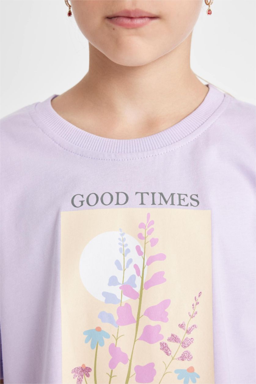 Kız Çocuk - Genç Kız Lila Crop Bisiklet Yaka Baskılı Kısa Kollu Tişört Kız Çocuk