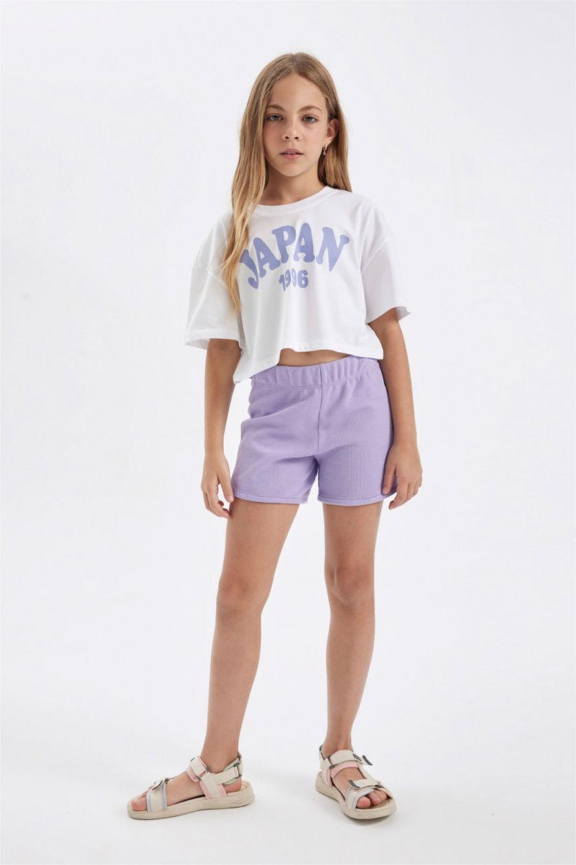 Kız Çocuk - Genç Kız Beyaz Crop Bisiklet Yaka Baskılı Kısa Kollu Tişört Kız Çocuk