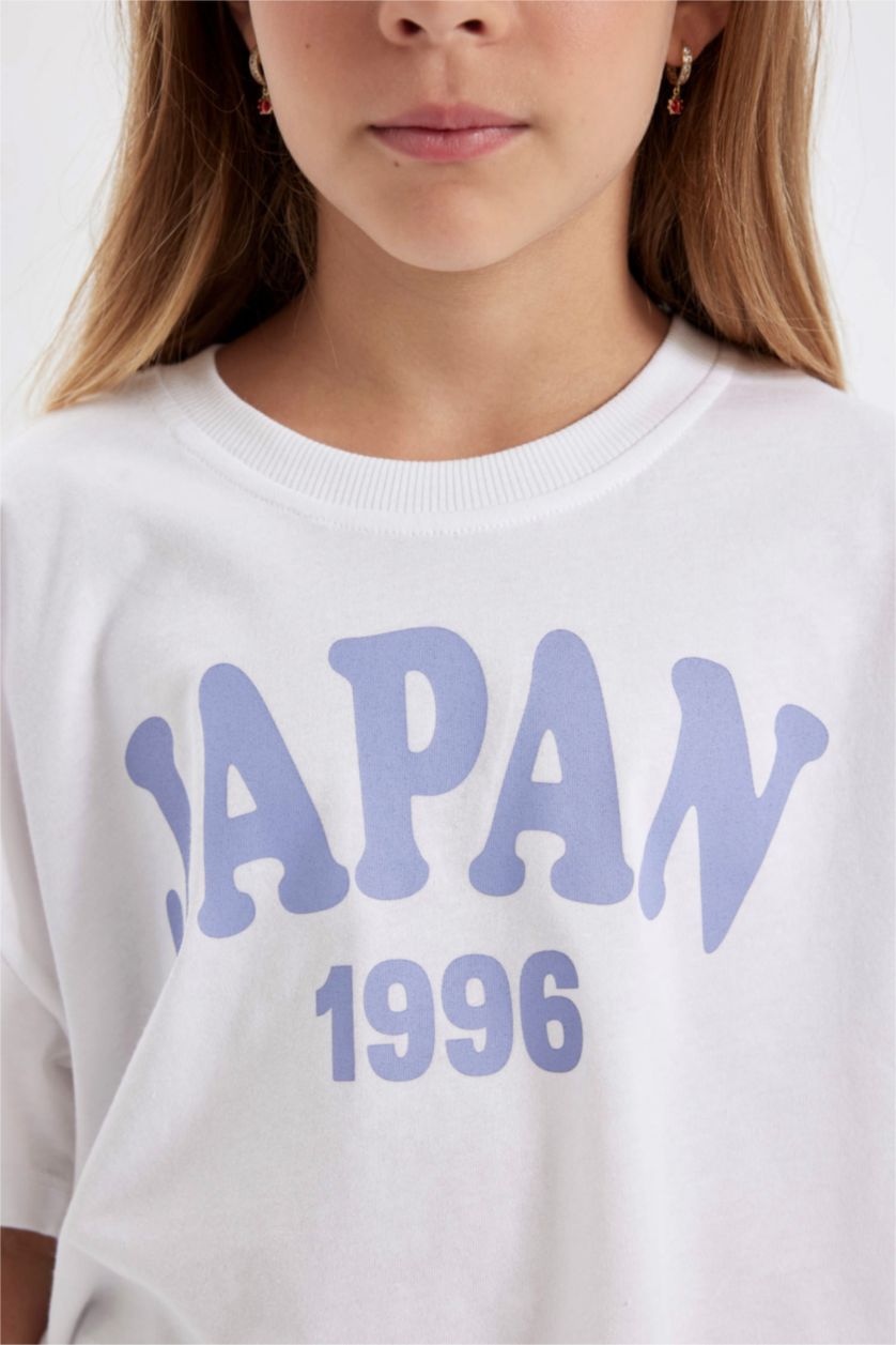 Kız Çocuk - Genç Kız Beyaz Crop Bisiklet Yaka Baskılı Kısa Kollu Tişört Kız Çocuk