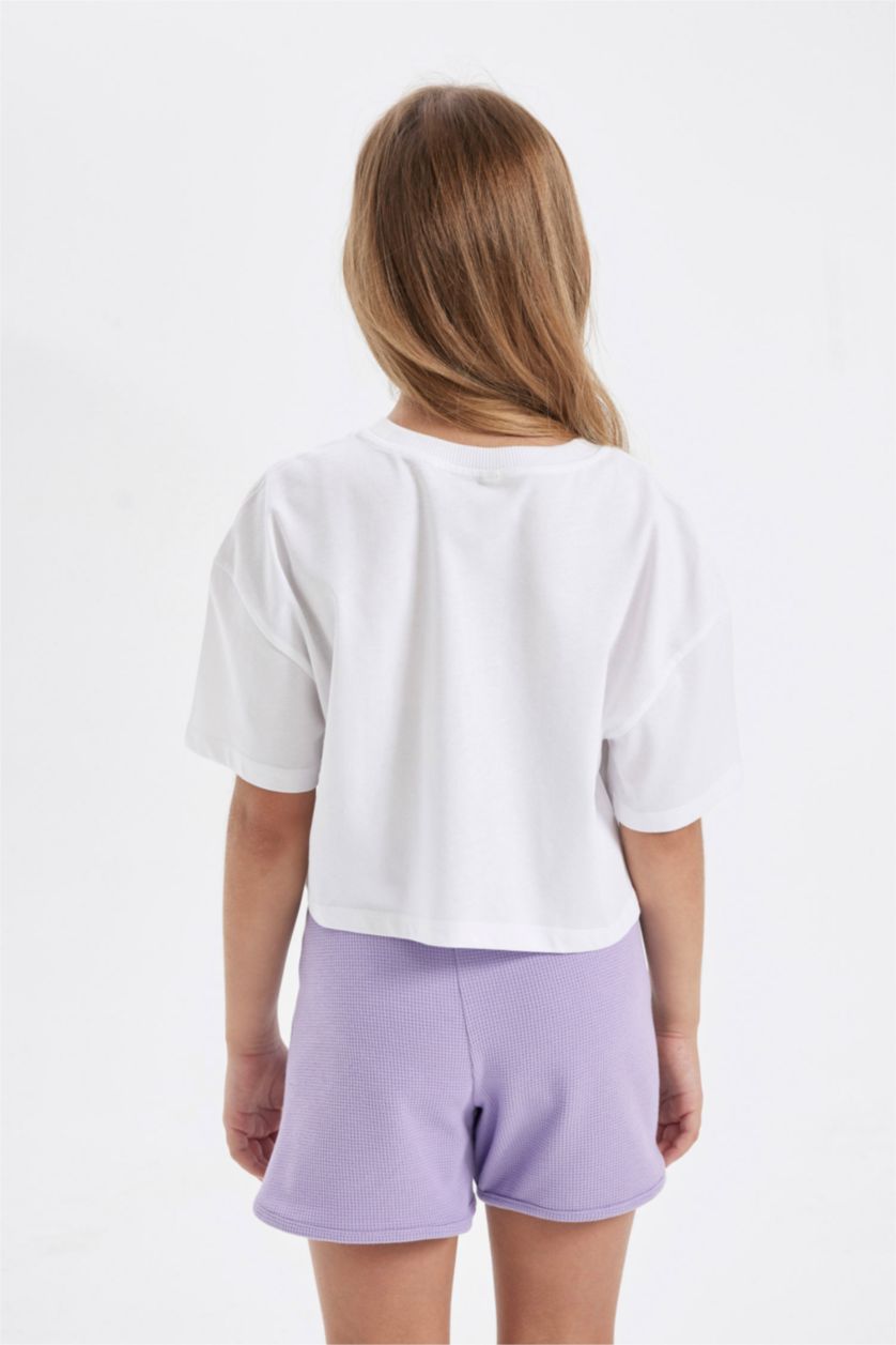 Kız Çocuk - Genç Kız Beyaz Crop Bisiklet Yaka Baskılı Kısa Kollu Tişört Kız Çocuk