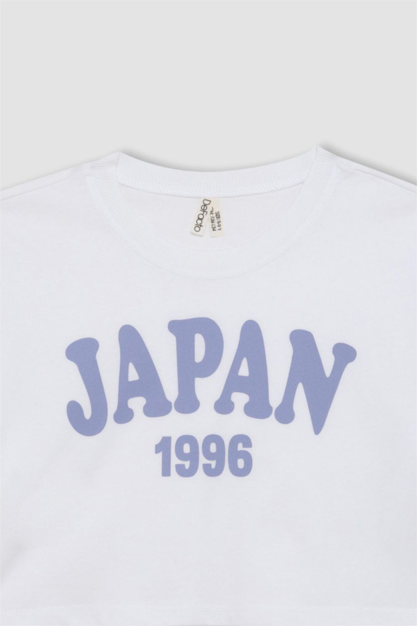 Kız Çocuk - Genç Kız Beyaz Crop Bisiklet Yaka Baskılı Kısa Kollu Tişört Kız Çocuk