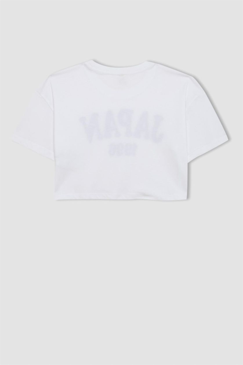 Kız Çocuk - Genç Kız Beyaz Crop Bisiklet Yaka Baskılı Kısa Kollu Tişört Kız Çocuk