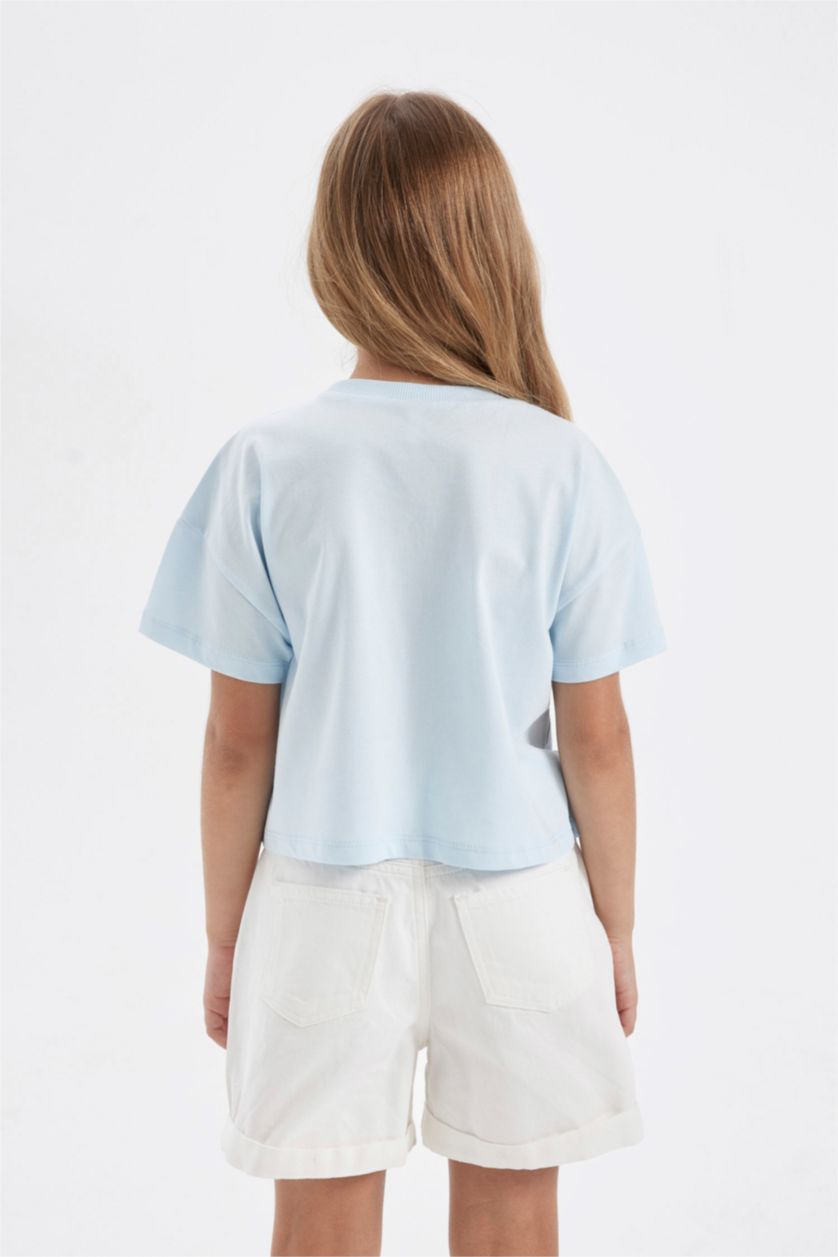 Kız Çocuk - Genç Kız Açık Mavi Bisiklet Yaka Baskılı Kısa Kollu Tişört Kız Çocuk