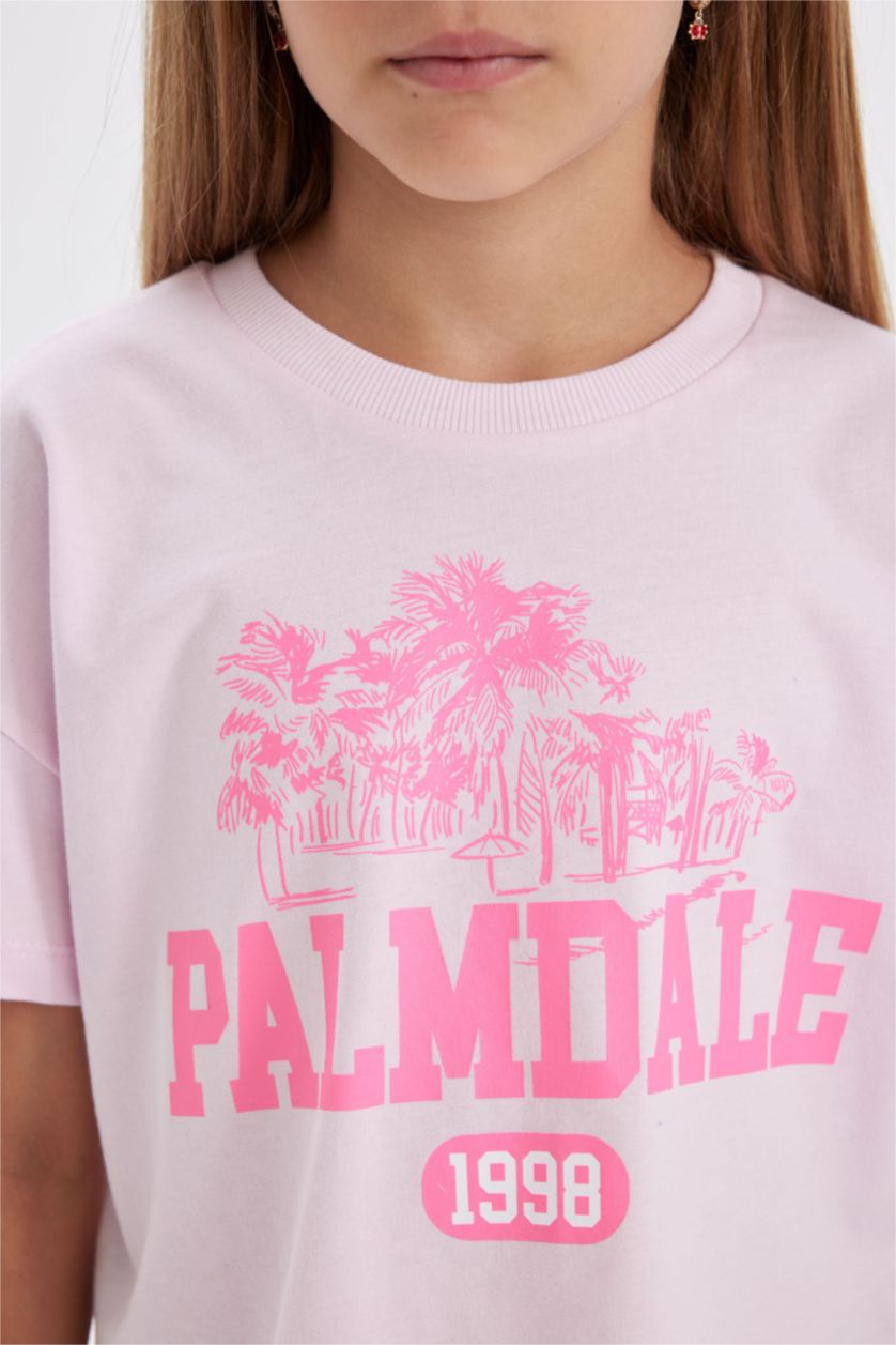 Kız Çocuk - Genç Kız Açık Pembe Bisiklet Yaka Baskılı Kısa Kollu Tişört Kız Çocuk