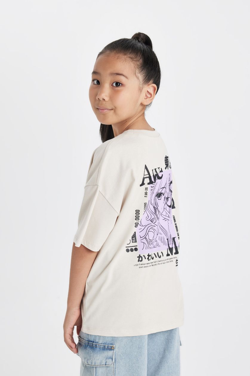 Kız Çocuk - Genç Kız Bej Oversize Geniş Kalıp Bisiklet Yaka Baskılı Kısa Kollu Tişört Kız Çocuk