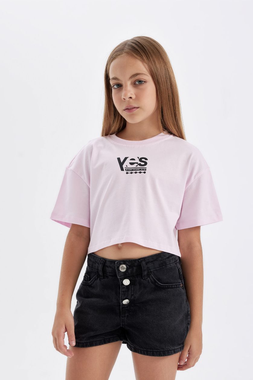 Girls & Teens Light Pink Girl Crew Neck Printed Crop T-Shirt