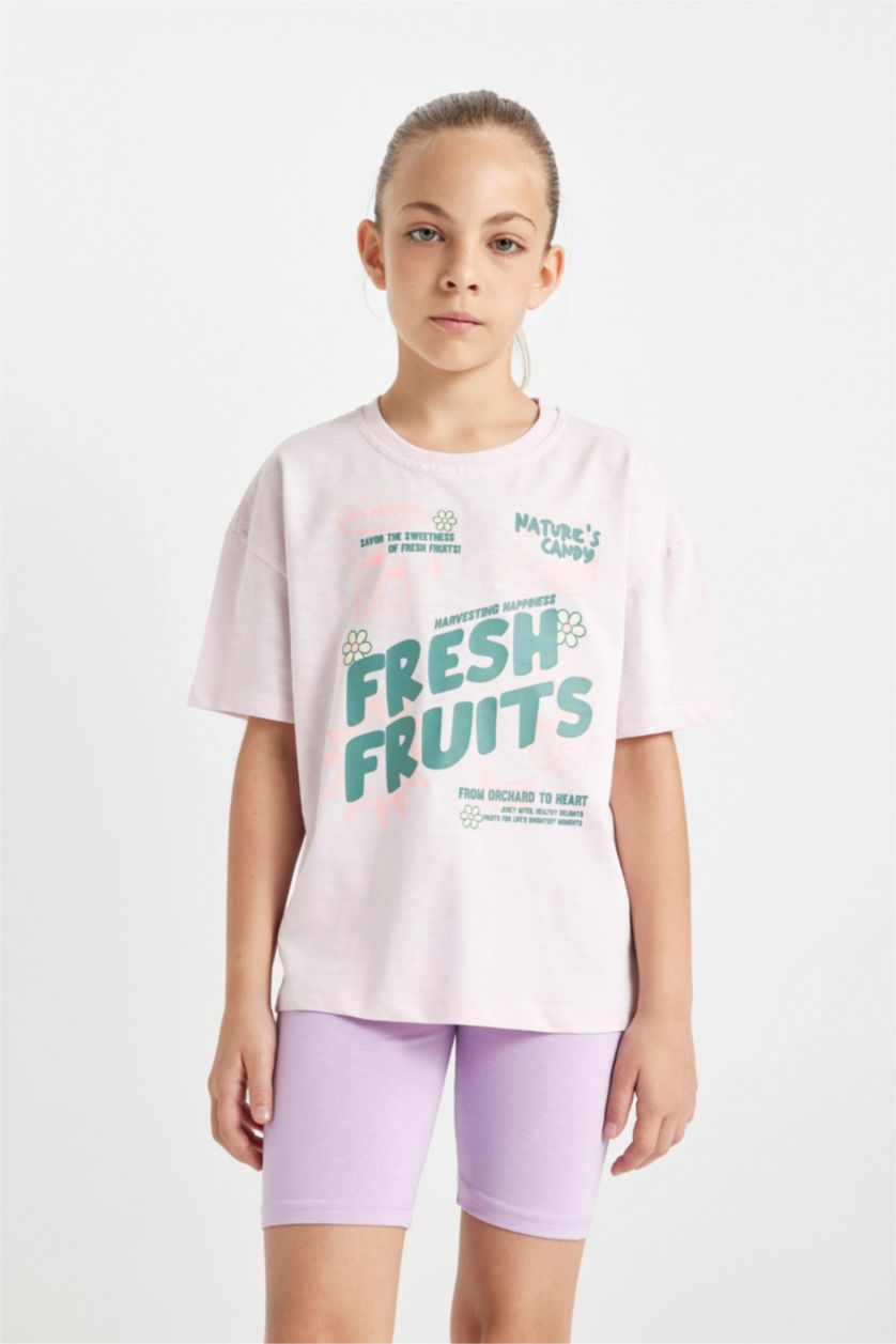 بناتي زهري فاتح تيشيرت بناتي نص كم قصة مريحة برقبة مستديرة