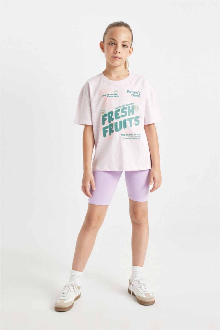 بناتي زهري فاتح تيشيرت بناتي نص كم قصة مريحة برقبة مستديرة