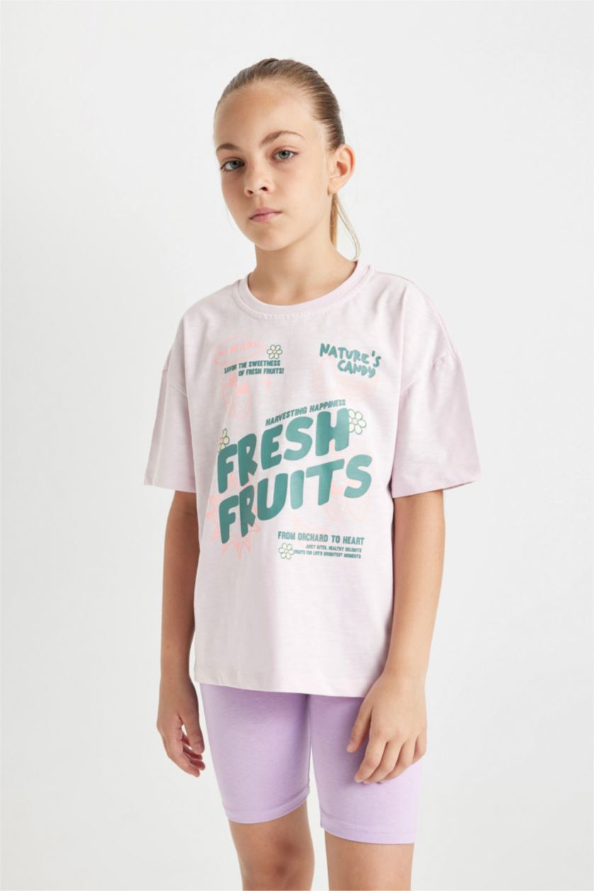 بناتي زهري فاتح تيشيرت بناتي نص كم قصة مريحة برقبة مستديرة