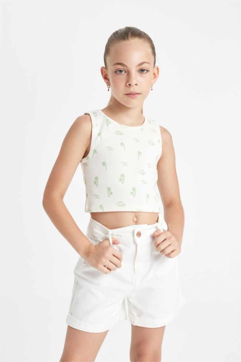 Kız Çocuk - Genç Kız Ekru Bisiklet Yaka Hawaii Baskılı Atlet Kız Çocuk