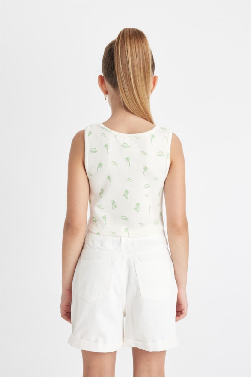 Kız Çocuk - Genç Kız Ekru Bisiklet Yaka Hawaii Baskılı Atlet Kız Çocuk