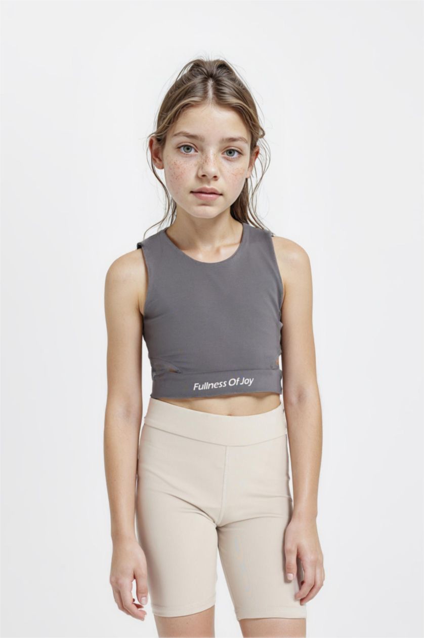 Girls & Teens Anthracite Girl Crew Neck Sports Printed Crop Top