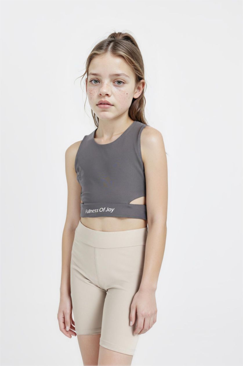 Girls & Teens Anthracite Girl Crew Neck Sports Printed Crop Top