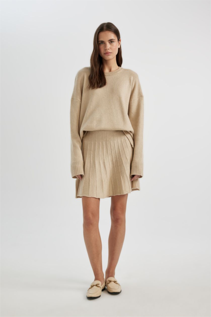 نساء اللون الحجري طقم تريكو مريح من قطعتين: بلوزة بأكمام طويلة وتنورة بخصر مطاطي