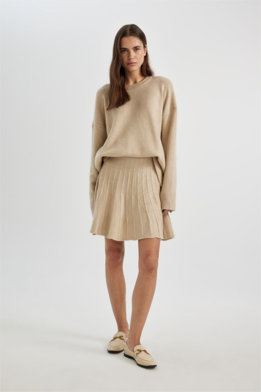 نساء اللون الحجري طقم تريكو مريح من قطعتين: بلوزة بأكمام طويلة وتنورة بخصر مطاطي